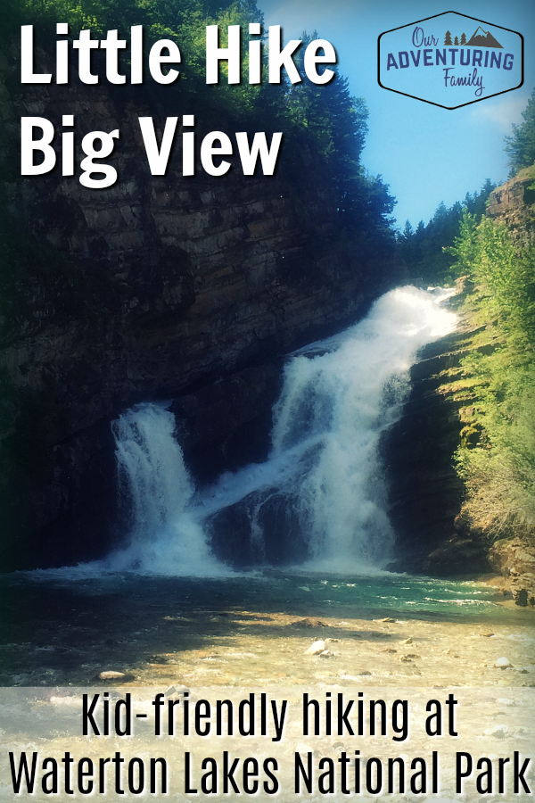 Cameron Falls were within walking distance of our campsite when we stayed at Waterton Lakes. We didn't have the map with us though, and didn't realize it was so close, and we were going to another waterfall after Cameron, so we drove to the parking lot next to the falls. We felt kind of silly when we realized just how close we were to our RV.  More about this fun hike at ouradventuringfamily.com.